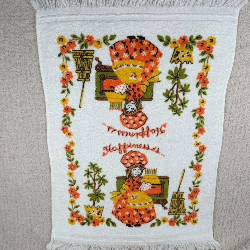 Vintage Cannon Hand Towel Holly Hobbie Style Happiness Is Fringed White Orange